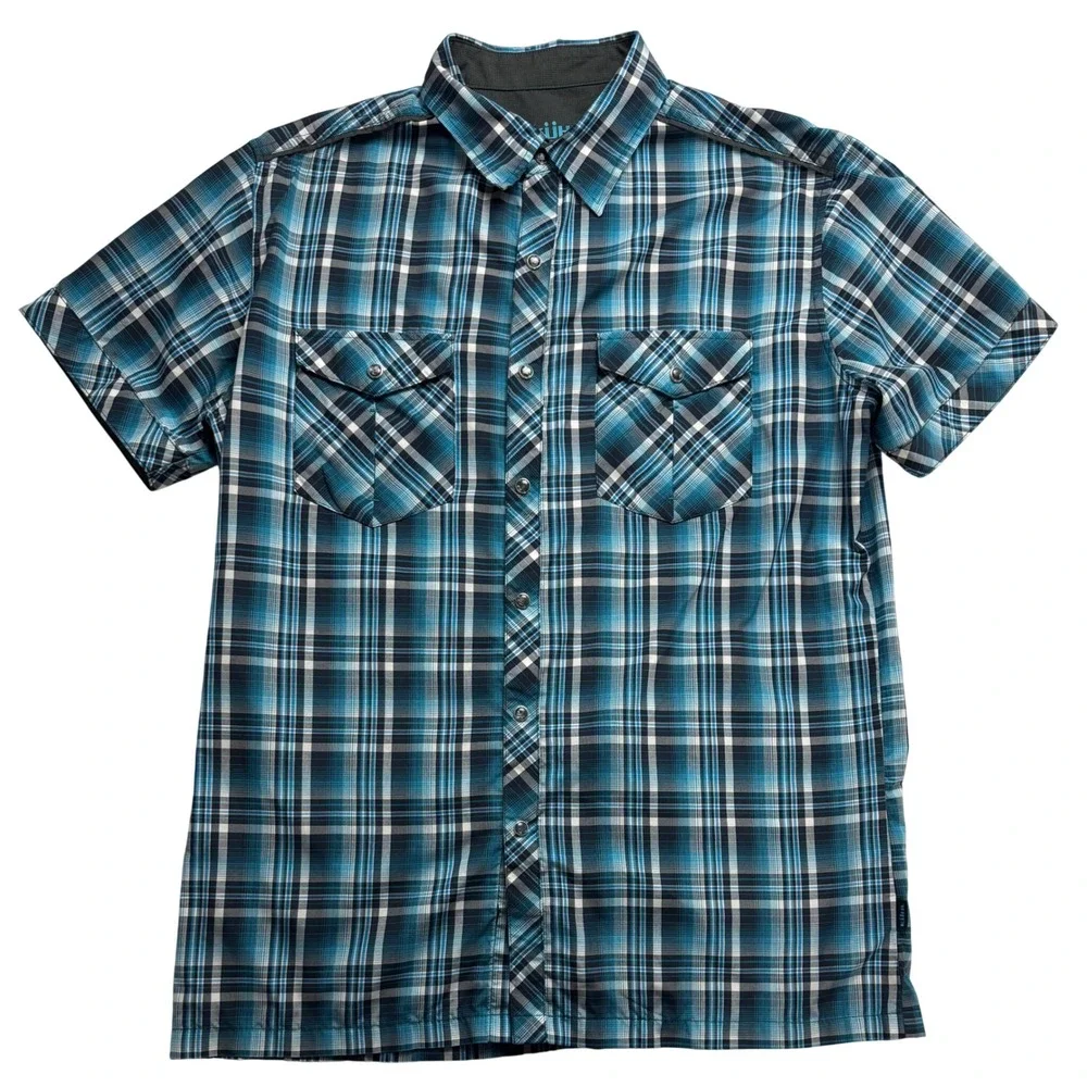 Kuhl Eluxur Mens Medium‎ Blue Plaid Short Sleeve Snap Front Performance Shirt M